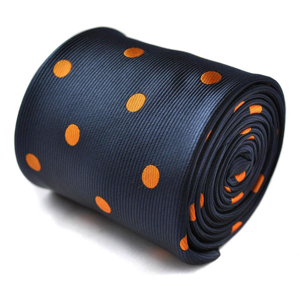 navy tie with orange polka spots